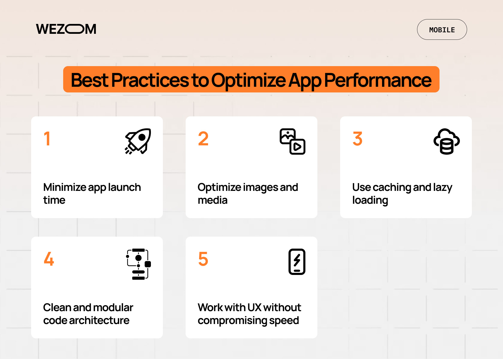 Best practices to optimize mobile app performance including caching, image optimization, clean architecture, and UX balance.